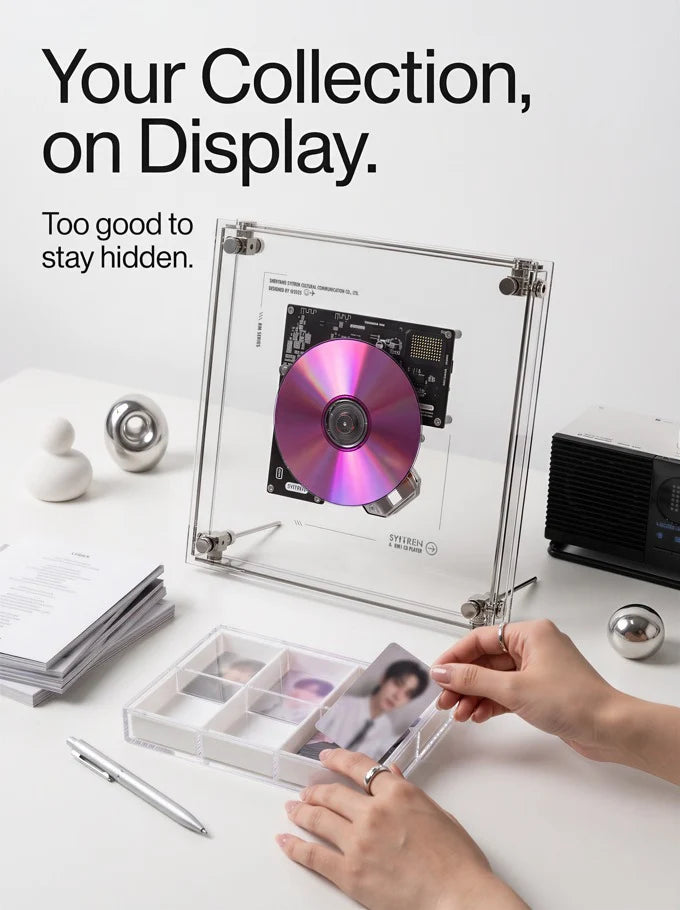🎼 MusicFrame — a living art CD player with transparent frame, album display, Hi-Fi audio, Bluetooth & AUX, anti-shock playback, and wall/desktop mounting.