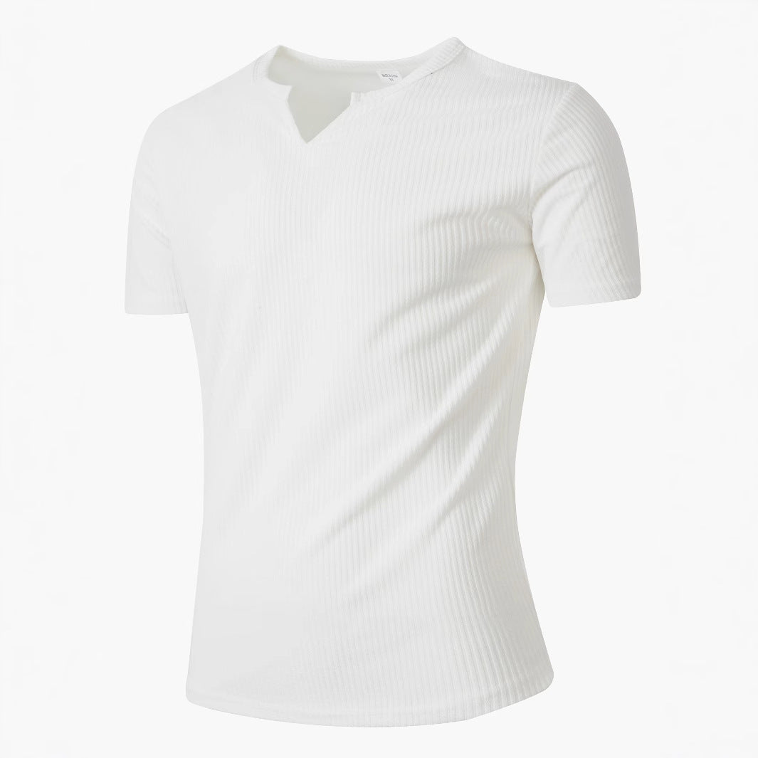 Men Notched V‑Neck Ribbed Knit Short Sleeve Fitted T‑Shirt
