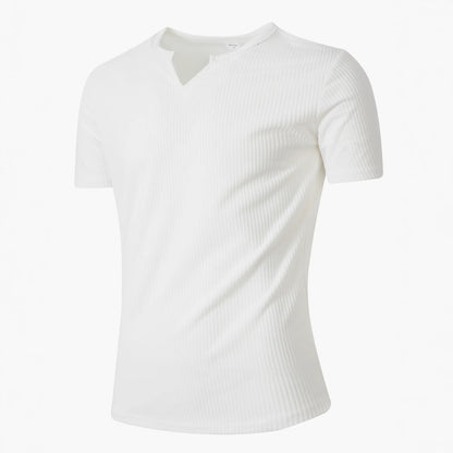 Men Notched V‑Neck Ribbed Knit Short Sleeve Fitted T‑Shirt