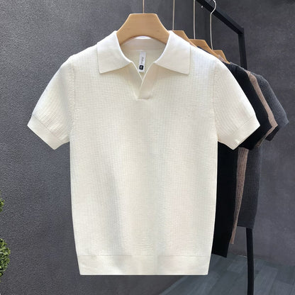 Men V‑Neck Collared Knit Short Sleeve Polo Shirt