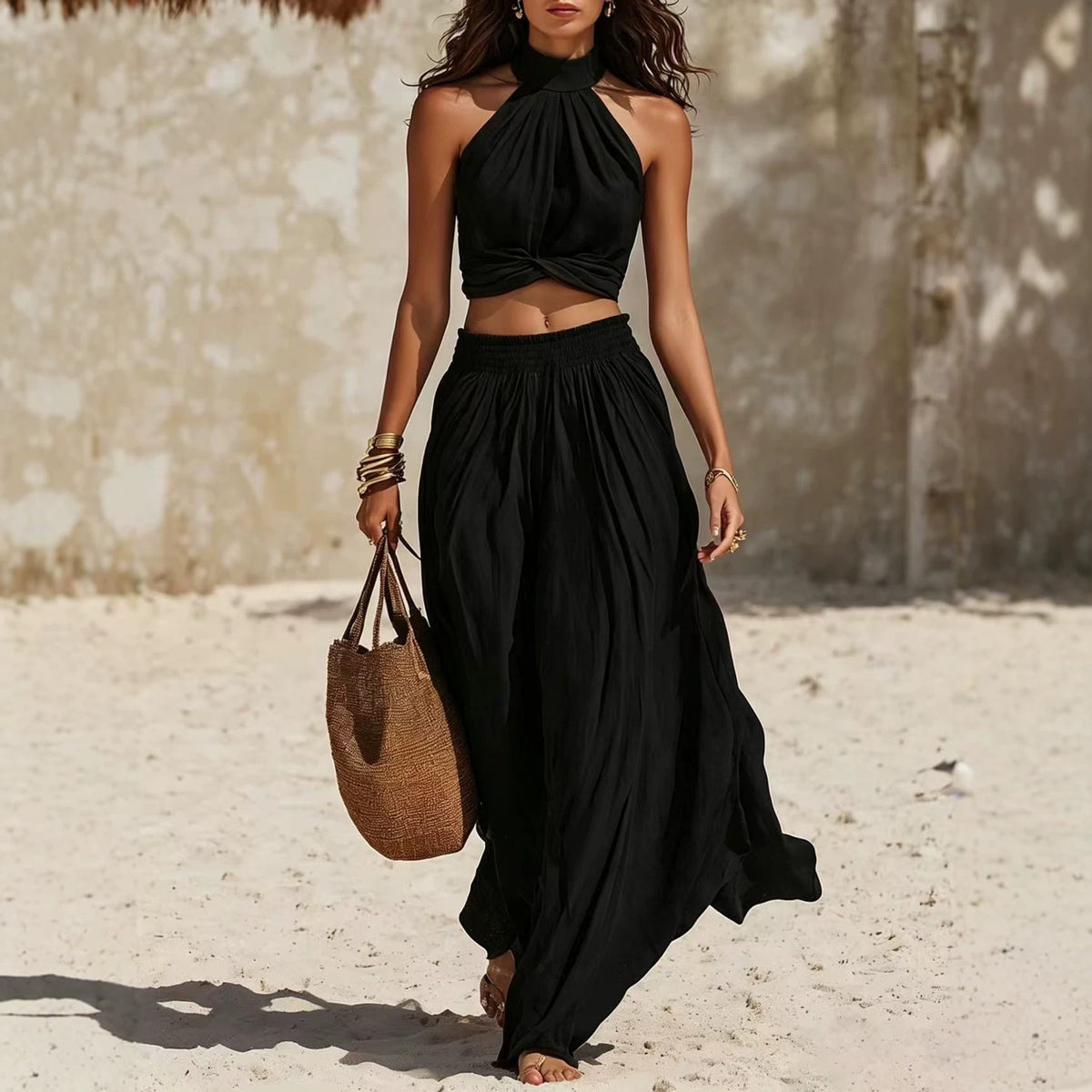 Women Halter Twist Crop Top & Elastic Waist Maxi Skirt Two‑Piece Set