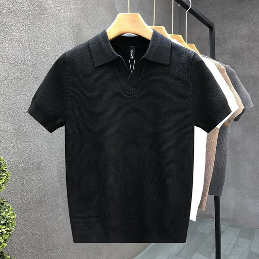 Men V‑Neck Collared Knit Short Sleeve Polo Shirt