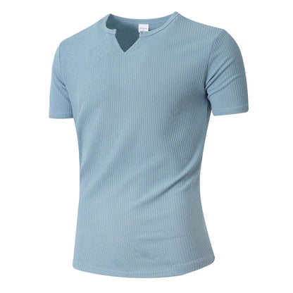 Men Notched V‑Neck Ribbed Knit Short Sleeve Fitted T‑Shirt