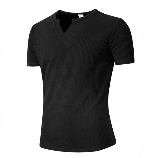 Men Notched V‑Neck Ribbed Knit Short Sleeve Fitted T‑Shirt